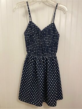 navy blue w/ white polka dots smock dress